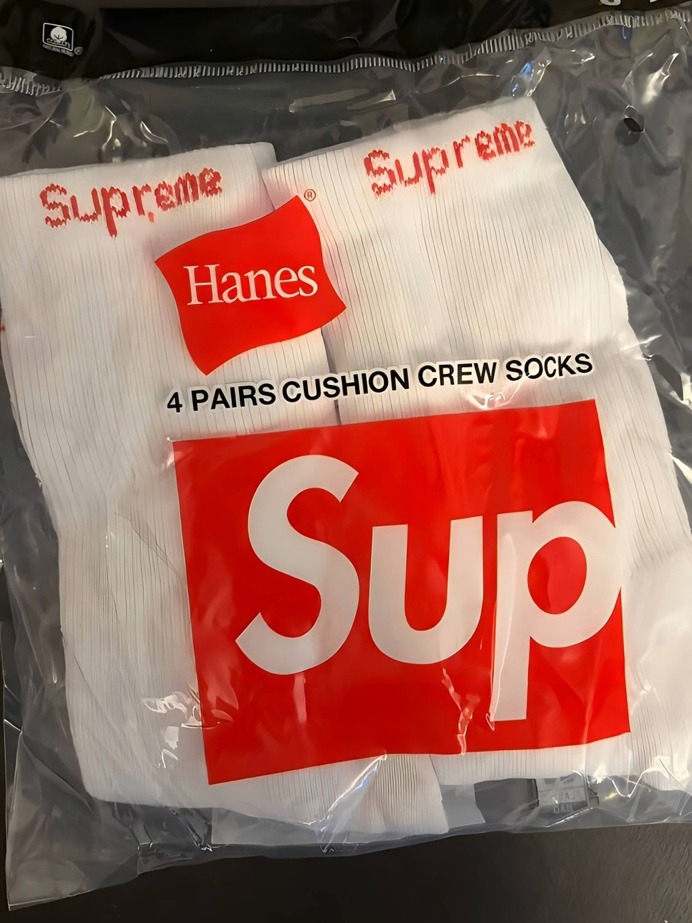Hanes White Crew Socks with Red Supreme Logo - 4 Pack